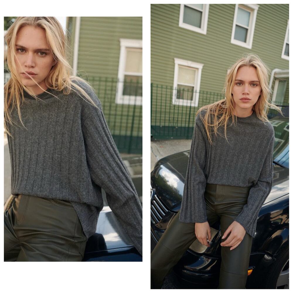 Zara Gray Ribbed Wool Cashmere Sweater Size Small Relaxed Cozy Oversized Preppy